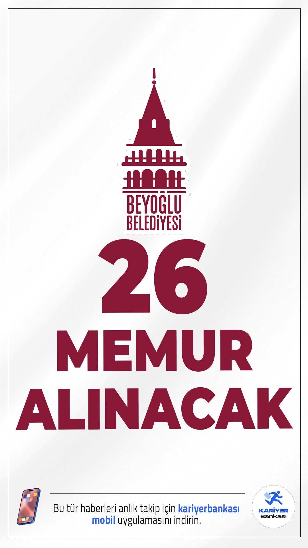 Beyoğlu Belediyesi’ne 26 Memur Alımı Yapacak.Beyoğlu Belediye Başkanlığı, İstanbul'da görevlendirilmek üzere ilk defa atanmak üzere 26 memur ve zabıta memuru alımı gerçekleştireceğini duyurdu. Adaylardan, KPSS'den en az 70 puan alma, belirtilen öğrenim şartlarını taşıma ve pozisyona göre sürücü belgesine sahip olma gibi koşullar aranıyor.