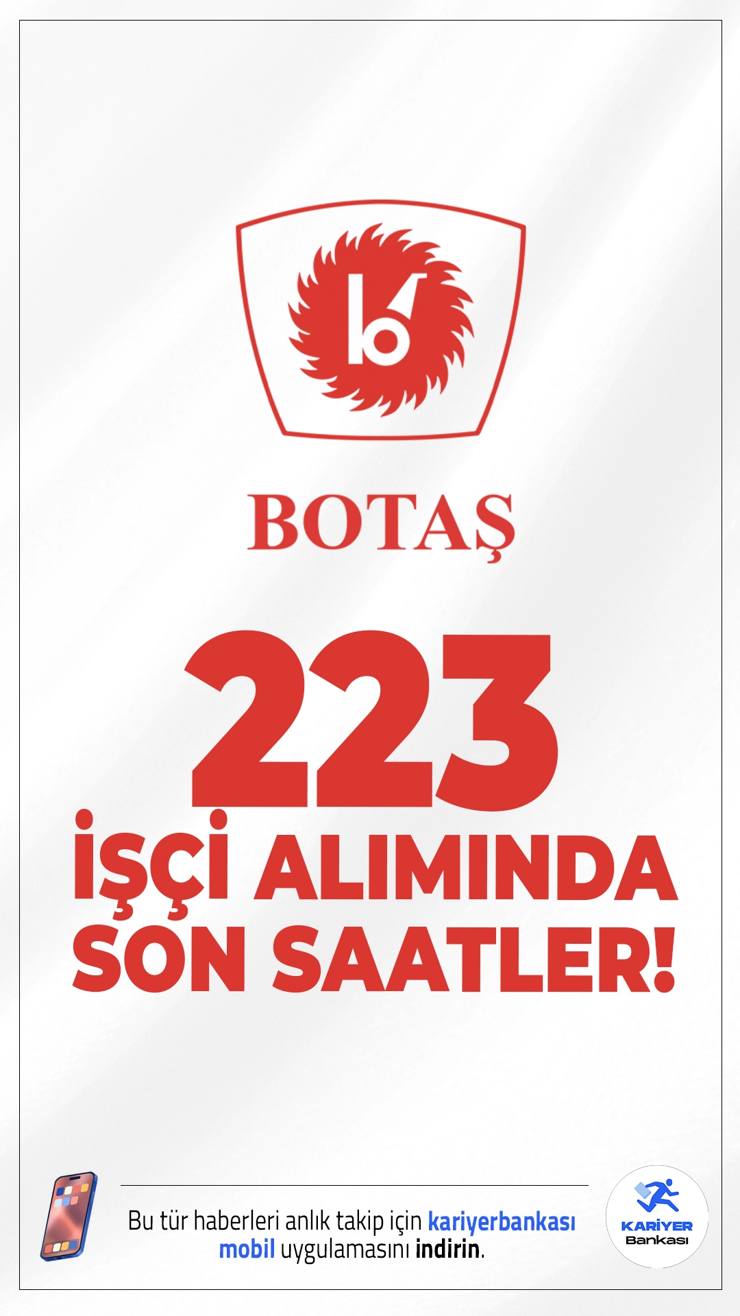 BOTAŞ 223 Sürekli İşçi Alımında Son Saatler.Boru Hatları ile Petrol Taşıma A.Ş. (BOTAŞ) sürekli işçi alımı başvurularında son saatlere girildi. İlgili alım duyurusuna göre, BOTAŞ'a mühendis, teknisyen, uzman yardımcısı ünvanlarında işçi alınacak.Başvuru işlemleri bugün(14 Kasım 2025) sona eriyor.Başvuru şartları ve diğer detaylar haberimizde.