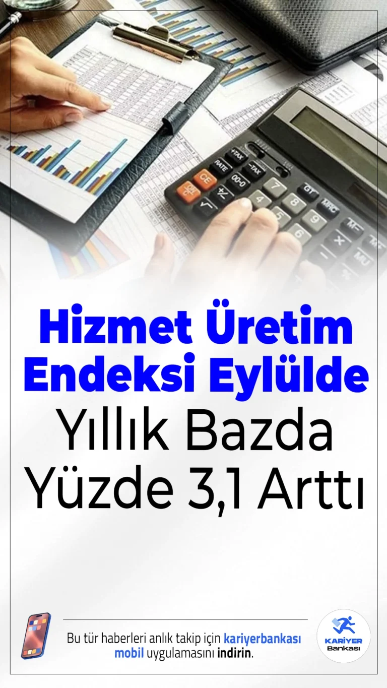 Hizmet Üretim Endeksi Eylülde Yıllık Bazda Yüzde 3,1 Arttı.Eylül ayında hizmet üretim endeksi yıllık bazda yükseliş göstererek ekonomik toparlanmayı işaret etti. Ancak aylık verilerde hafif bir düşüş dikkat çekti.