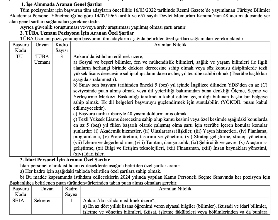 TÜBA Personel Alımı