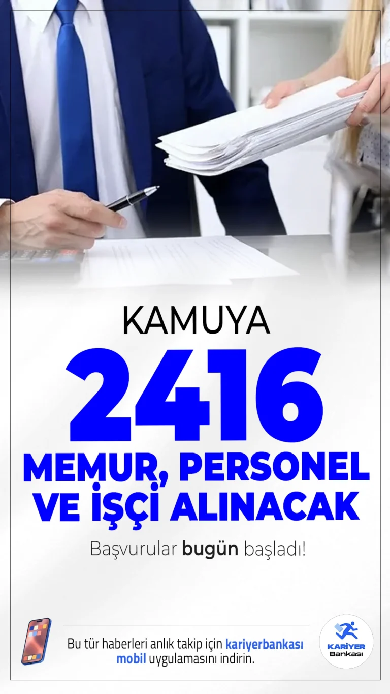 Kamuya 2416 Memur, Personel ve İşçi Alımı Yapılacak.Resmi Gazete ve Cumhurbaşkanlığı Strateji ve Bütçe Başkanlığı Kamu İlan sayfasından yayımlanan duyurulara göre, kamuya farklı ünvanlarda olmak üzere 2 bin 416 memur, sözleşmeli personel ve işçi alımları yapılacak. Başvuru yapacak adayların genel ve özel şartları sağlaması gerekmektedir.