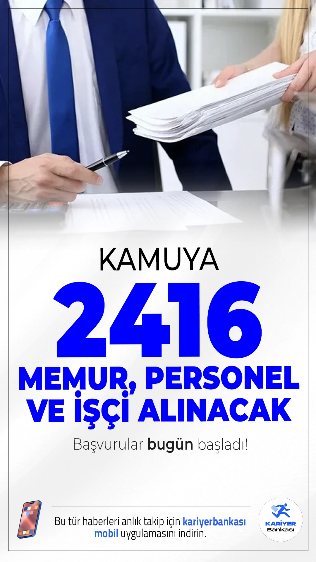 Kamuya 2416 Memur, Personel ve İşçi Alımı Yapılacak.Resmi Gazete ve Cumhurbaşkanlığı Strateji ve Bütçe Başkanlığı Kamu İlan sayfasından yayımlanan duyurulara göre, kamuya farklı ünvanlarda olmak üzere 2 bin 416 memur, sözleşmeli personel ve işçi alımları yapılacak. Başvuru yapacak adayların genel ve özel şartları sağlaması gerekmektedir.