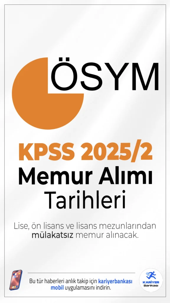 KPSS 2025/2 Memur Alımı Başvuru Tarihleri.Ölçme, Seçme ve Yerleştirme Merkezi (ÖSYM) sayfasından yayımlanan takvime göre, KPSS 2025/2 tercihleri Aralık ayında yapılacak.Kamu kurum ve kuruluşlarında boş bulunan kadro ve pozisyonlara merkezi yerleştirme ile yapılacak atamalar için tercihler 18 Aralık 2025 tarihi itibariyle alınmaya başlanacak. Kılavuz yayımlandığında anında haberdar olmak için mobil uygulamamızı TIKLA ÜCRETSİZ İNDİR.