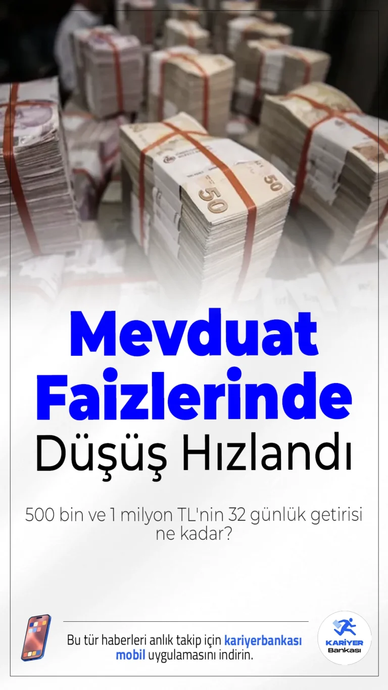Mevduat Faizlerinde Düşüş Hızlandı: 500 Bin ve 1 Milyon TL'nin 32 Günlük Getirisi Ne Kadar?Ekim ayında enflasyonun beklentilerin altında kalmasıyla birlikte Türkiye Cumhuriyet Merkez Bankası’nın (TCMB) faiz indirimi alanı genişledi. Bu gelişme, bankaların mevduat faiz oranlarını aşağı yönlü revize etmesine neden oldu.