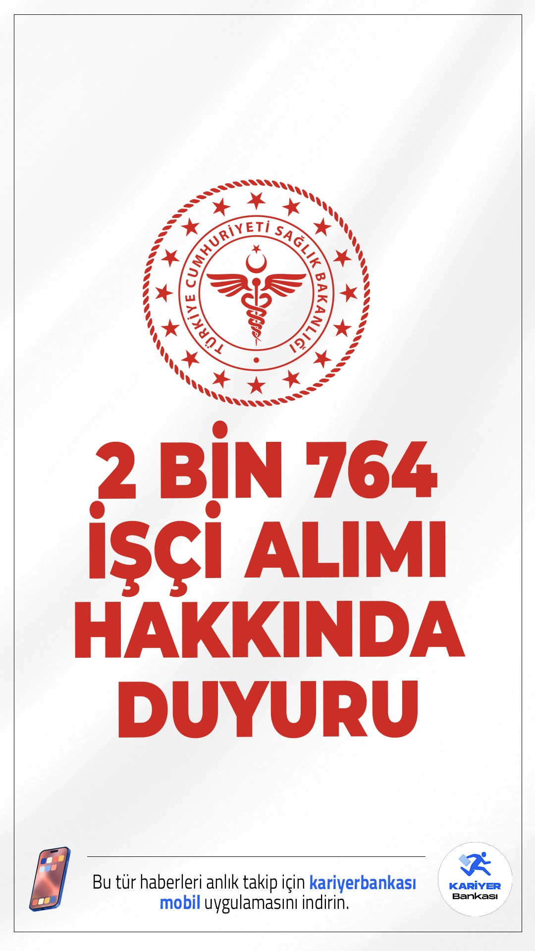 Sağlık Bakanlığı 2 Bin 764 İşçi Alımı Hakkında Duyuru Geldi.Sağlık Bakanlığı, 4857 sayılı İş Kanunu kapsamında istihdam edilmek üzere gerçekleştirilen 2.764 sürekli işçi alımına ilişkin göreve başlama sürecine dair resmi duyuruyu yayımladı. Kura sonucu asıl olarak yerleşen adaylar için başvuru ve belge teslim süreci başladı.