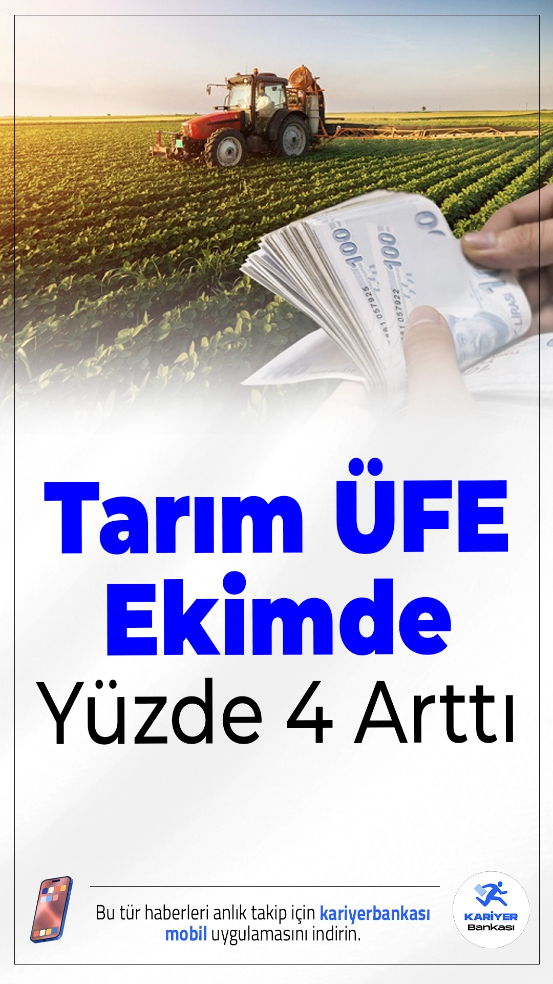 Tarım ÜFE Ekimde Yüzde 4 Arttı.Tarım Ürünleri Üretici Fiyat Endeksi (Tarım ÜFE), ekim ayında aylık bazda yüzde 4 artarken, yıllık bazda yüzde 45,4 oranında yükseldi.