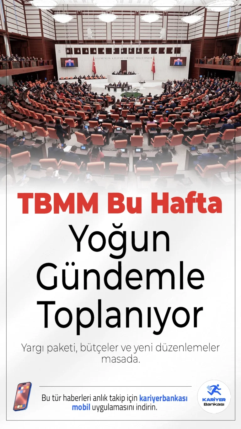 Meclis Bu Hafta Yoğun Gündemle Toplanıyor: Yargı Paketi, Bütçeler ve Yeni Düzenlemeler Masada.TBMM’de bu hafta yeni yargı paketi Meclis’e sunulacak, dört bakanlığın bütçesi ele alınacak ve önemli yasa teklifleri görüşülecek.