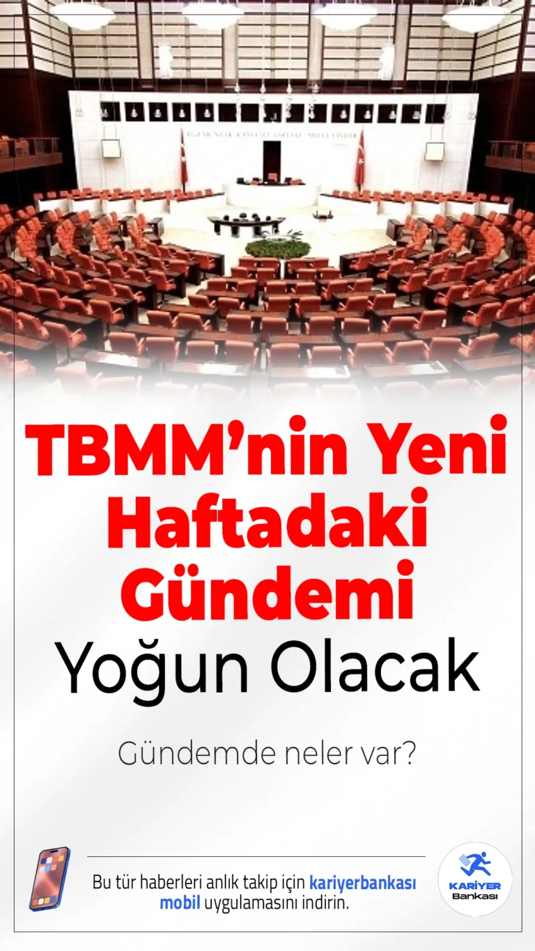 TBMM’nin Yeni Haftadaki Gündemi Yoğun Olacak.Türkiye Büyük Millet Meclisi (TBMM), yeni haftaya yoğun bir gündemle giriyor. Genel Kurul, turizm ve vakıflarla ilgili düzenlemeler içeren kanun teklifinin görüşmelerine devam edecek, ayrıca Hakimler ve Savcılar Kurulu’nda (HSK) boşalacak bir üyelik için seçim yapacak.