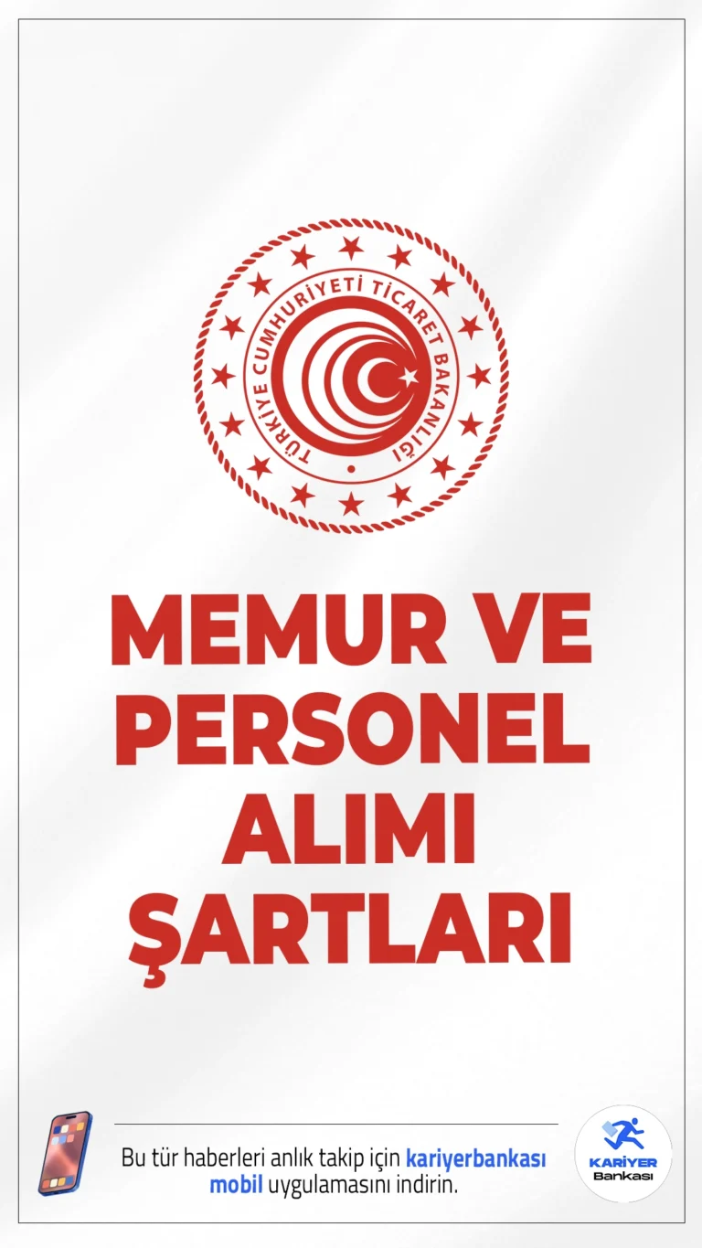 Ticaret Bakanlığı 95 Memur Alımı Şartları.Ticaret Bakanlığı 95 memur ve sözleşmeli personel alımı başvuruları sürüyor. İlgili alım duyurusuna göre, Ticaret Bakanlığına gümrük muhafaza memuru, mühendis, büro personeli, gemi adamı, şoför, memur ve kiyager ünvanlarında personel alınacak.Alımların 65’i sözleşmeli, 30’u ise kadrolu pozisyonlar için yapılacak. Başvuru yapacak adayların genel ve özel şartları taşıması gerekmektedir. Başvuru şartları ve kontenjanlar bu haberimizde.