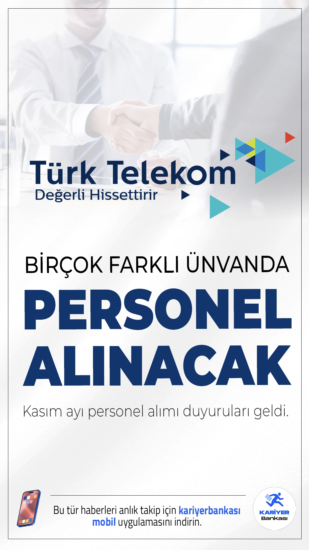 Türk Telekom Kasım 2025 Personel Alımı Duyuruları Yayımlandı.Türkiye’nin önde gelen telekomünikasyon şirketi Türk Telekom, Kasım 2025 itibarıyla farklı kadrolarda çok sayıda personel alımı gerçekleştireceğini duyurdu. Alım yapılacak pozisyonlar arasında yazılım, veri mühendisliği, operasyon, pazarlama ve finans gibi birçok alanda uzman kadroları yer alıyor.