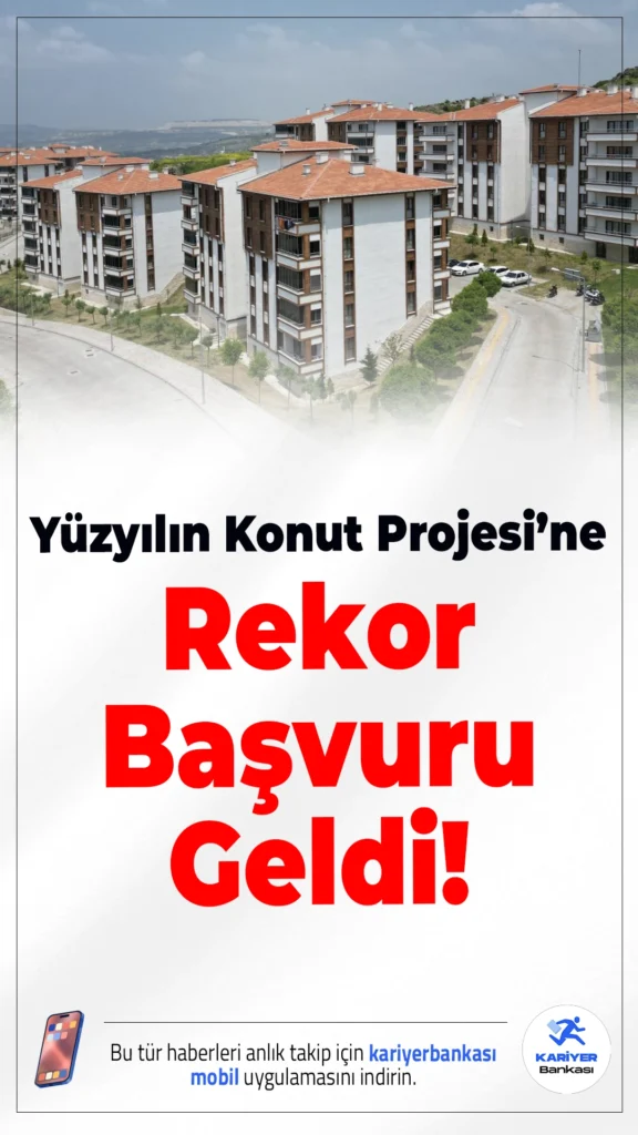 Yüzyılın Konut Projesi’ne Rekor Başvuru Geldi.Çevre, Şehircilik ve İklim Değişikliği Bakanı Murat Kurum, 10 Kasım’dan bu yana 5 milyon 314 bin vatandaşın Yüzyılın Konut Projesi’ne başvurduğunu açıkladı. Kurum, ilk kura çekiminin 29 Aralık’ta yapılacağını ve 500 bin konutun teslimine Mart 2027’de başlanacağını duyurdu.