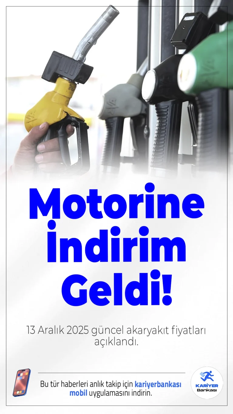Motorine İndirim Geldi! 13 Aralık 2025 Güncel Akaryakıt Fiyatları Açıklandı.Motorin kullanıcılarına güzel haber geldi: Gece yarısından itibaren motorin fiyatına ortalama 2 TL indirim yapıldı. Güncel akaryakıt fiyatları ise şehir şehir belli oldu.
