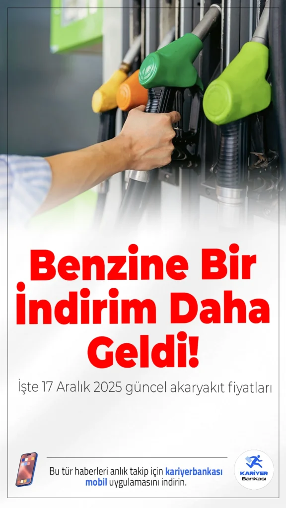 Benzin Fiyatına Bir İndirim Daha İşte 17 Aralık 2025 Güncel Akaryakıt Fiyatları.17 Aralık 2025 itibarıyla benzine 77 kuruşluk yeni bir indirim yansıtıldı. İstanbul, Ankara ve İzmir’de akaryakıt fiyatları nasıl şekillendi? İşte detaylar…