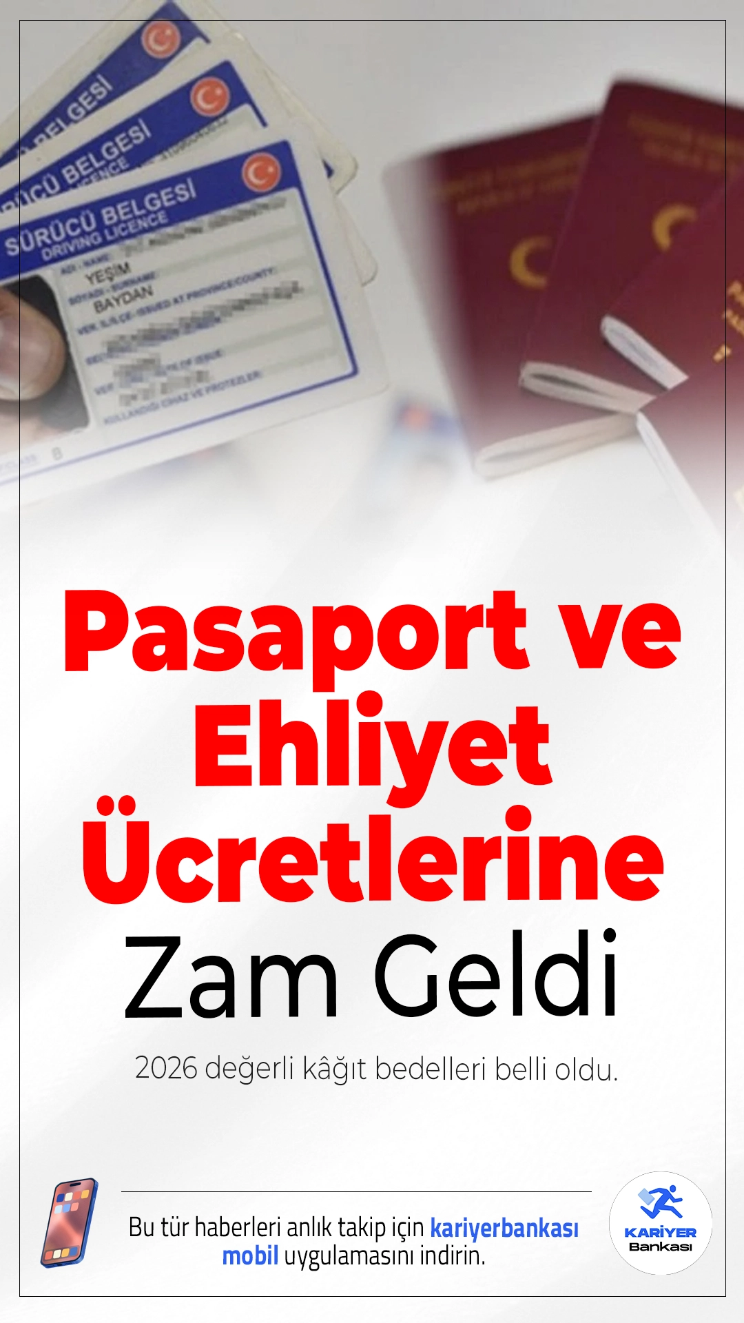 2026 Pasaport ve Ehliyet Ücretlerine Zam Geldi.2026 yılıyla birlikte pasaport, ehliyet ve aile cüzdanı gibi değerli kâğıtlara yüzde 19.01 oranında zam yapıldı. Yeni ücretler 1 Ocak’tan itibaren geçerli olacak.