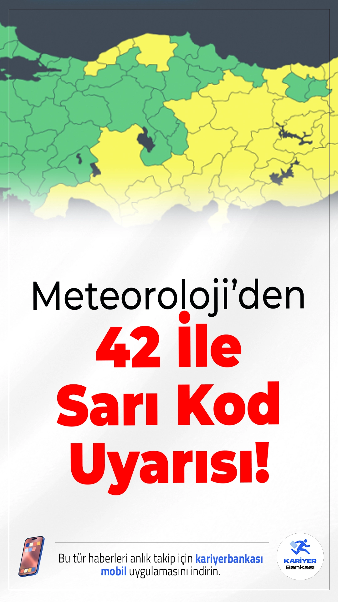 Meteoroloji’den 42 İle Sarı Kodlu Uyarı Geldi!Meteoroloji Genel Müdürlüğü, 42 il için sarı kodlu uyarı yayımladı. Ülke genelinde soğuk hava dalgası etkili olurken, birçok bölgede yoğun kar yağışı, kuvvetli sağanak, fırtına, buzlanma ve don olayları bekleniyor.
