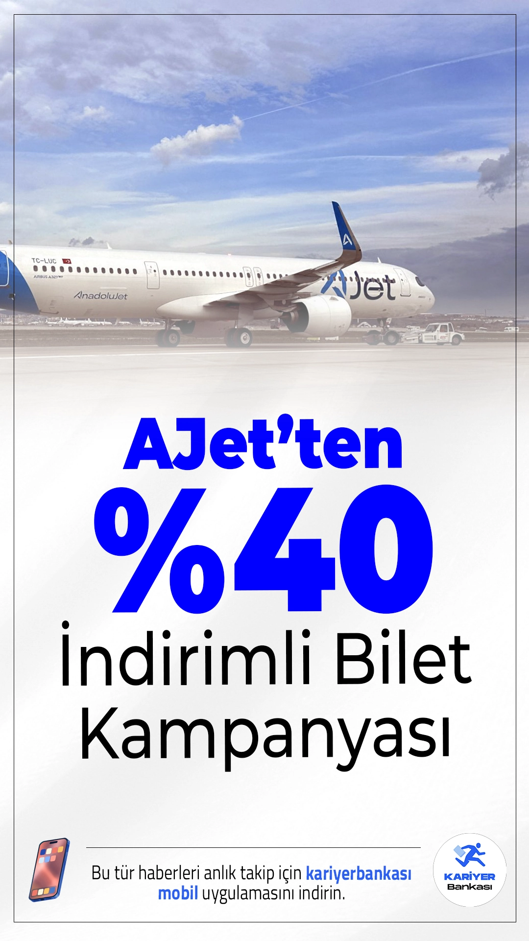 AJet’ten Yüzde 40 İndirimli Bilet Kampanyası.AJet, kış tatilini yurt dışında geçirmek isteyen yolculara özel büyük bir kampanya başlattı. 12-13 Aralık 2025 tarihlerinde satışta olacak biletlerde tüm sınıflarda %40 indirim uygulanacak.