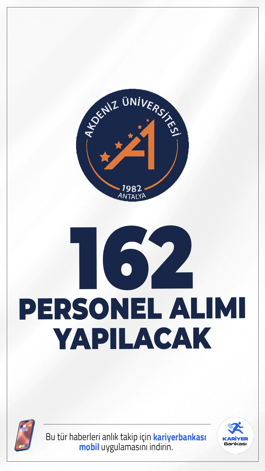 Akdeniz Üniversitesi 162 Personel Alımı Duyurusu Yayımlandı.Akdeniz Üniversitesi, 2024 KPSS (B) grubu puanı esas alınarak yazılı/sözlü sınav yapılmaksızın 162 personel alımı yapacağını duyurdu. Alım yapılacak pozisyonlar sağlık, hizmet ve teknik birimleri kapsıyor.Başvuru şartları ve kontenjan dağılımı bu haberimizde.