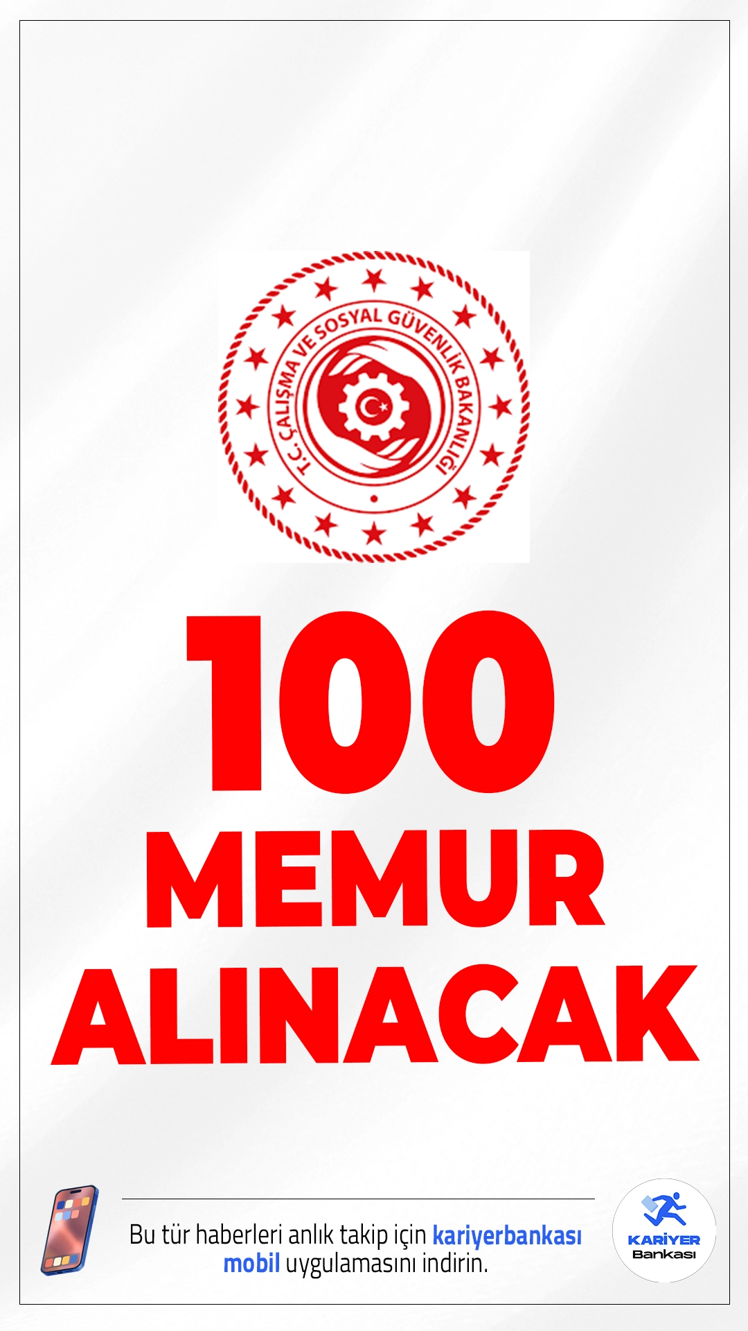 Çalışma Bakanlığı 100 Memur Alımı Yapacak.Çalışma ve Sosyal Güvenlik Bakanlığı, 2026 yılı için toplam 100memur alımı yapacağını duyurdu. Alımlar, iki farklı uzmanlık alanında gerçekleştirilecek ve başvurular 26 Ocak - 6 Şubat 2026 tarihleri arasında e-Devlet Kapısı üzerinden alınacak.İşte detaylar..