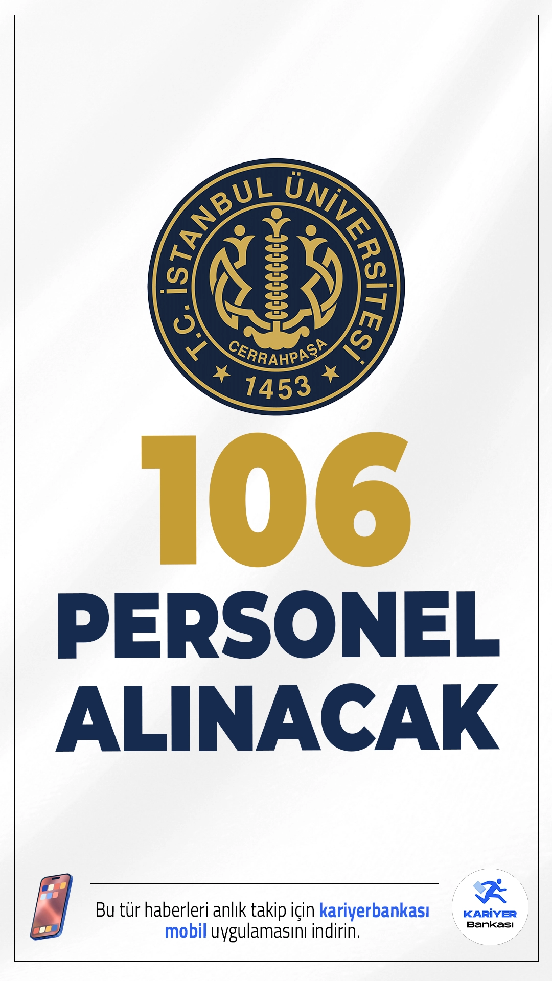 İstanbul Üniversitesi-Cerrahpaşa 106 Personel Alımı Yapacak.İstanbul Üniversitesi-Cerrahpaşa, sözleşmeli personel alımı yapacağını duyurdu. Alımlar, 657 sayılı Devlet Memurları Kanunu’nun 4/B maddesi kapsamında, 2024 KPSS (B) grubu puan sıralamasına göre gerçekleştirilecek.Başvuru şartları ve kontenjanlar bu haberimizde.