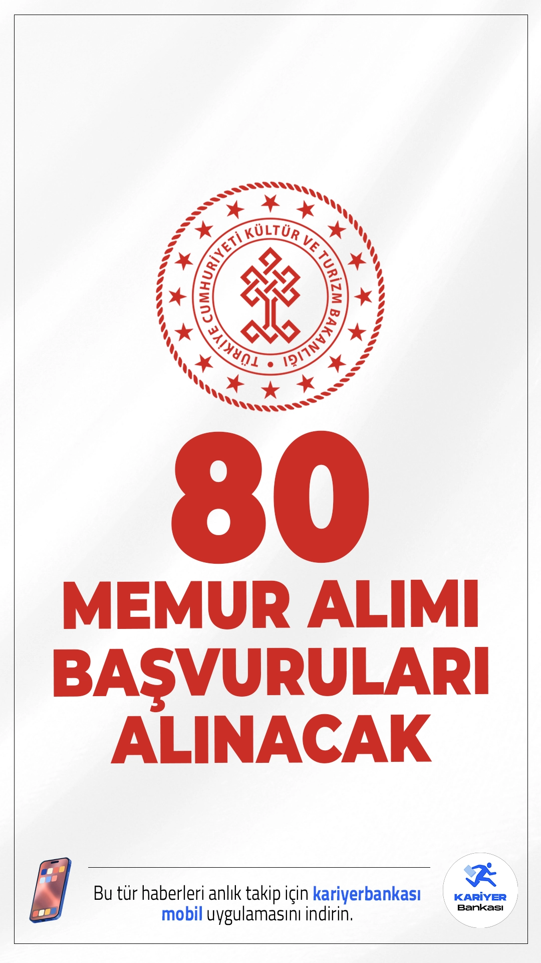 Kültür Bakanlığı 80 Memur Alımı Başvuruları Alınacak.Kültür ve Turizm Bakanlığı Yatırım ve İşletmeler Genel Müdürlüğü Ankara’da gerçekleştirilecek sözlü sınav ile toplamda 80 stajyer kontrolör alımı yapacak. Alımlar, 66’sı Sosyal Bilimler, 14’ü ise Mimarlık alanından mezun adaylar arasından gerçekleştirilecek. Giriş sınavı 24 Mart - 30 Nisan 2026 tarihleri arasında yapılacak.