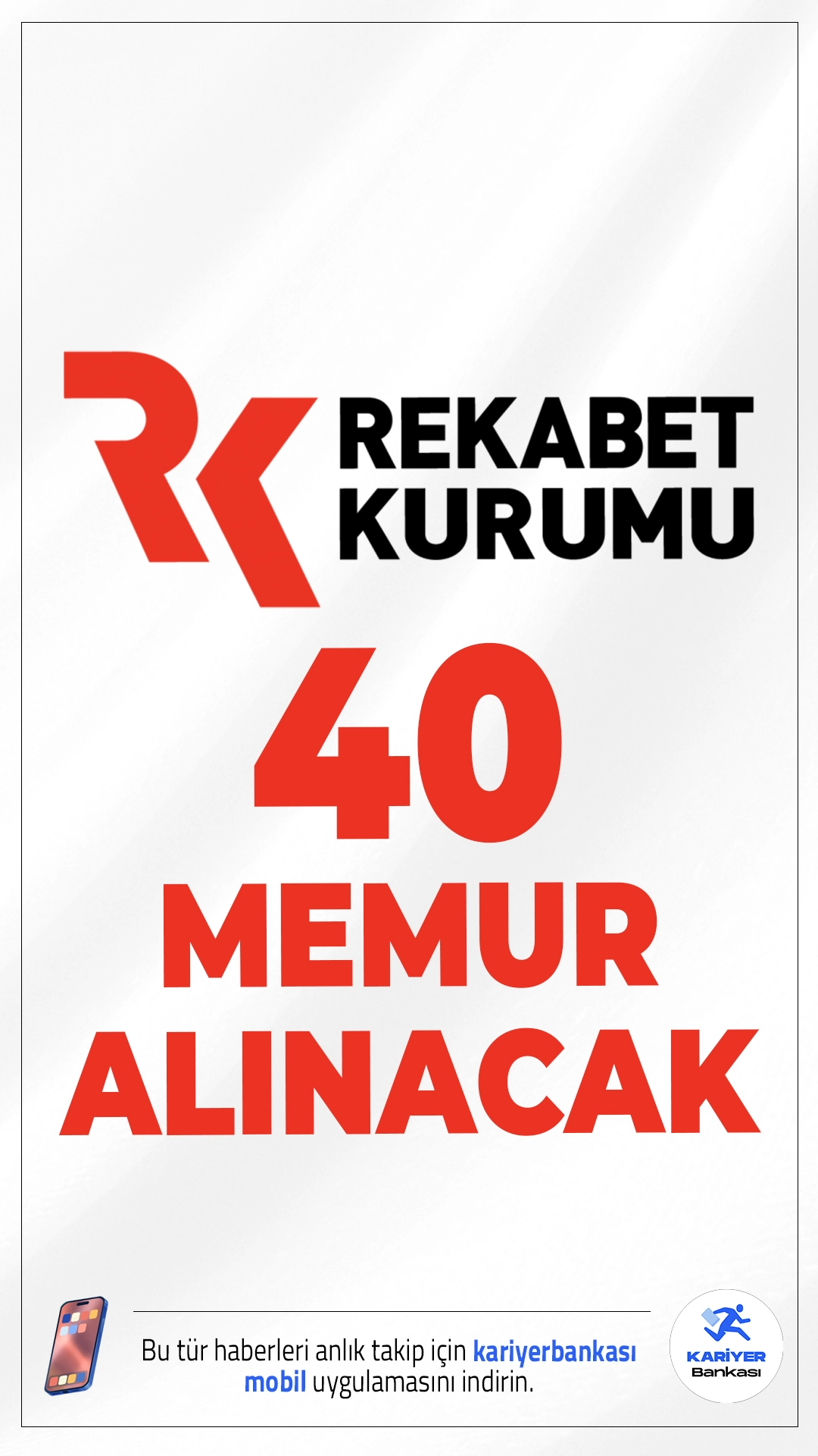 Rekabet Kurumu 40 Memur Alımı Yapacak.Rekabet Kurumu, kendi bünyesinde görevlendirmek üzere 40 Rekabet Uzman Yardımcısı alımı yapacağını duyurdu. Alımlar, yazılı ve sözlü sınav olmak üzere iki aşamalı olarak gerçekleştirilecek. Başvuru şartları ver diğer detaylar haberimizde.