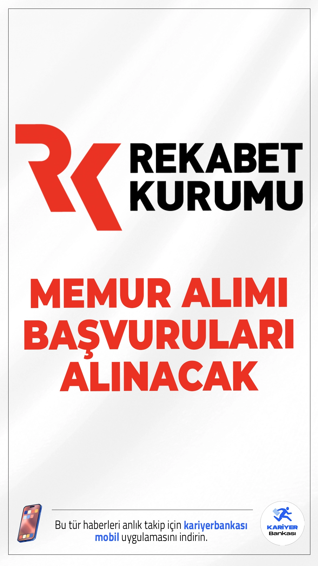 Rekabet Kurumu 40 Memur Alımı Başvuruları Alınacak.Rekabet Kurumu memur alımı başvuruları bugün(2 Aralık 2025) itibarıyla alınmaya başlandı. Resmi Gazete'de yayımlanan duyuruda alımların, yazılı ve sözlü sınav olmak üzere iki aşamalı olarak gerçekleştirileceği aktarıldı. Başvuru sayfası ve şartlar bu haberimizde.