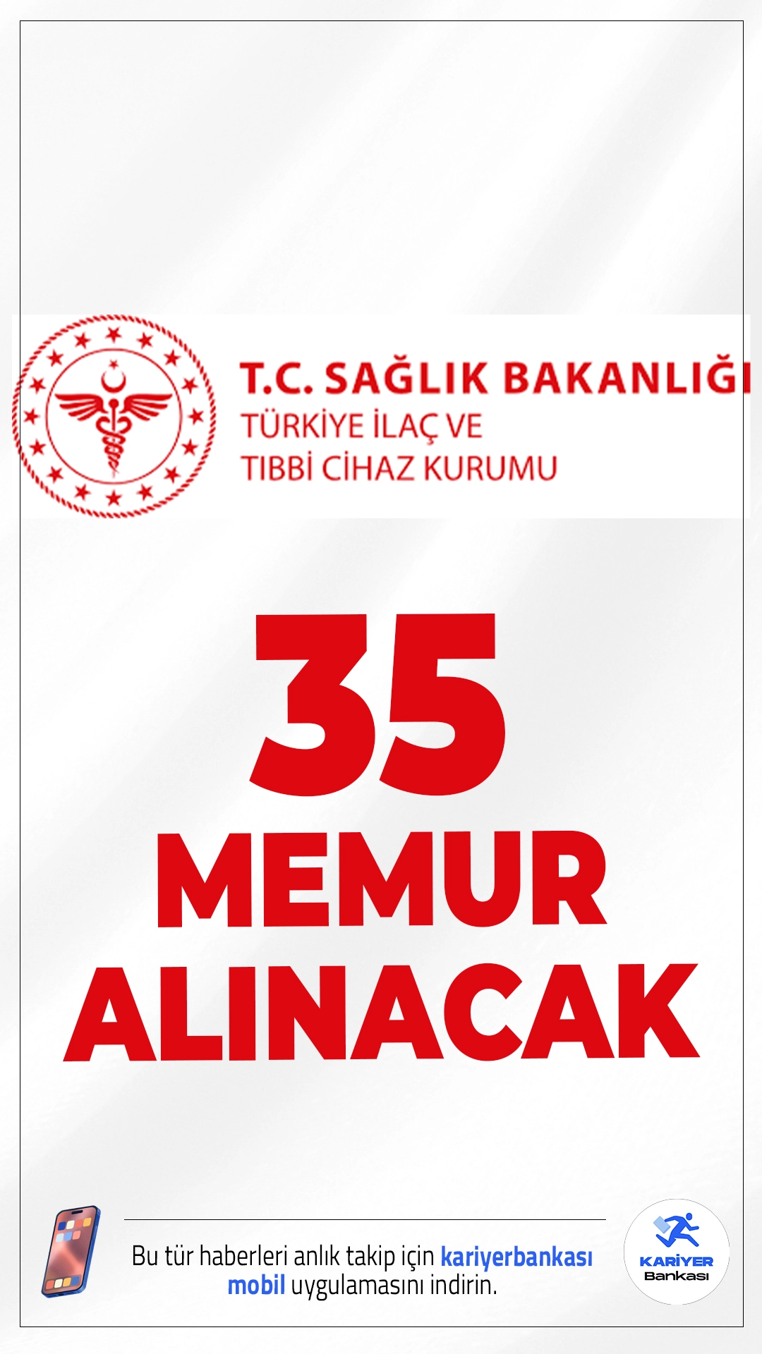 Sağlık Bakanlığı TİTCK 35 Memur Alımı Yapacak.Sağlık Bakanlığı Türkiye İlaç ve Tıbbi Cihaz Kurumu (TİTCK) memur alımı duyurusu yayımlandı.Resmi duyuruya göre; merkez teşkilat ve İstanbul ile İzmir denetim gruplarında görevlendirilmek üzere 35 Ürün Denetmen Yardımcısı alınacak. Alım, 657 sayılı Devlet Memurları Kanunu kapsamında yapılacak.