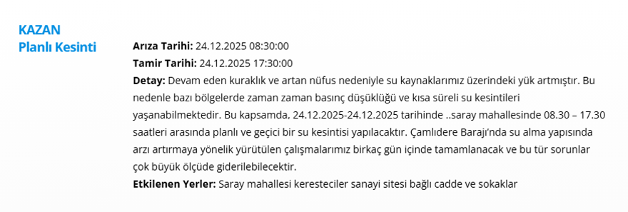 Ankara su kesintisi/24 aralık 2025