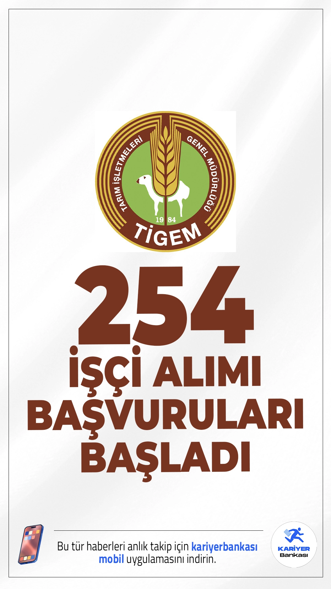 TİGEM 254 İşçi Alımı Başvuruları Başladı.Tarım İşletmeleri Genel Müdürlüğü (TİGEM), en az ilköğretim mezunlarından 254 sürekli işçi alımı başvuruları başladı. İlgili alım duyurusuna göre başvuru işlemleri 5 Ocak 2026 tarihine kadar sürecek.Başvuru yapacak adayların belirtilen şartları taşıması gerekmektedir. İşte şartlar ve kontenjanlar..