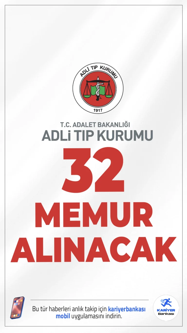 Adli Tıp Kurumu (ATK) 32 Memur Alımı Yapacak.Adalet Bakanlığı Adli Tıp Kurumu, merkez ve taşra teşkilatında görevlendirilmek üzere 32 kadrolu personel alımı yapacak. Başvuru yapacak adayların 2024 KPSS’den ilgili puan türünde en az 70 puan almış olmaları gerekmektedir. Her kadro için en yüksek puana sahip 3 katı aday sözlü sınava çağrılacaktır. Adaylar sadece bir kadro için başvuruda bulunabileceklerdir. Alım yapılacak pozisyonlar ve şartlar bu haberimizde.
