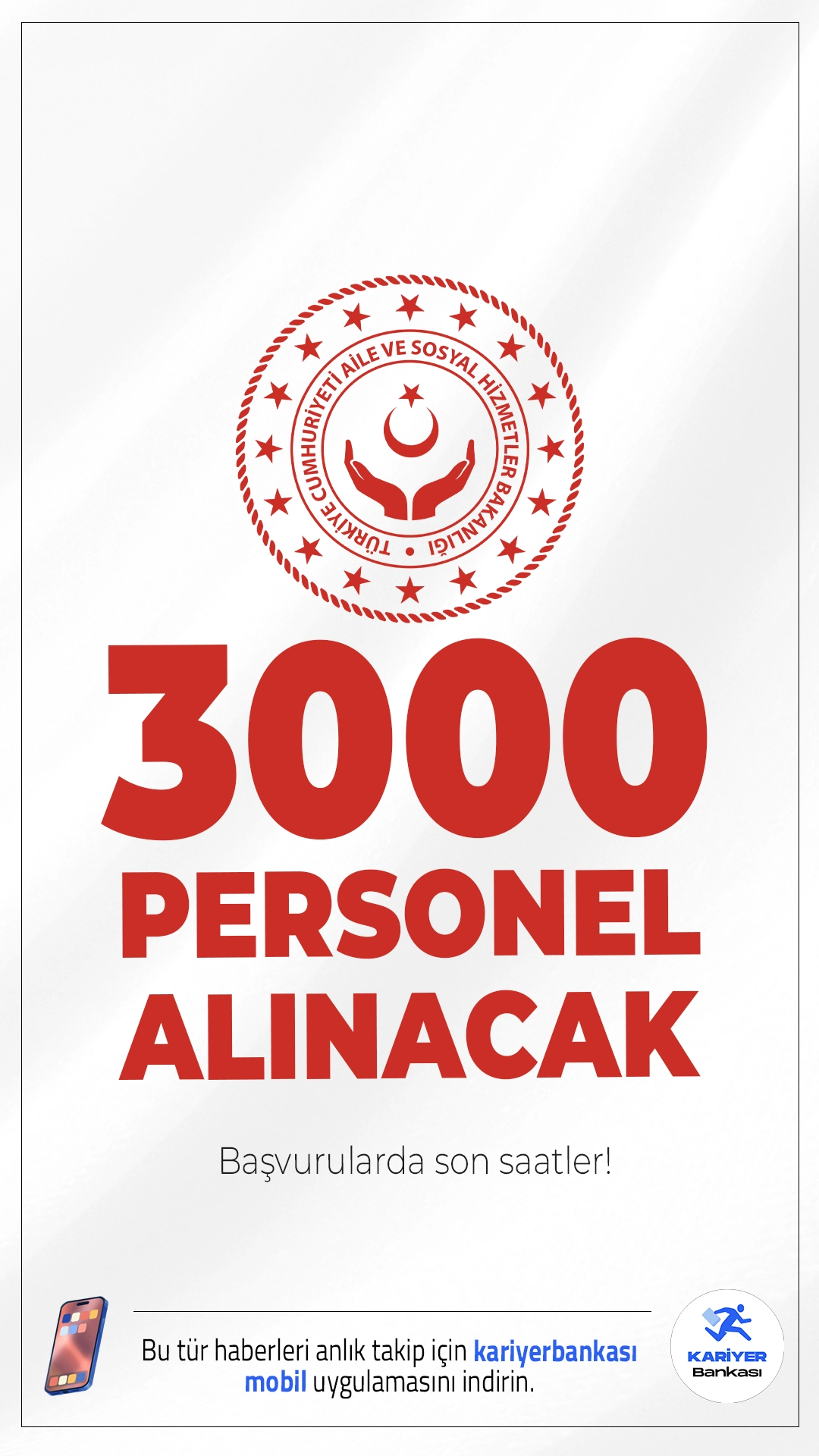 Aile Bakanlığı 3 Bin Personel Alımı Başvuruları Sona Eriyor.Aile ve Sosyal Hizmetler Bakanlığı 3 bin personel alımı başvuruları bugün( 26 Aralık 2025) sona eriyor.İlgili alım duyurusuna göre, Aile Bakanlığına kadın-erkek adaylardan ortaöğretim, ön lisans ve lisans mezunlarından 3 bin personel alımı yapılacak.Başvuru yapacak adayların genel ve özel şartları taşıması gerekmektedir. Başvuru sayfası, kontenjanlar ve şartlar haberimizde.