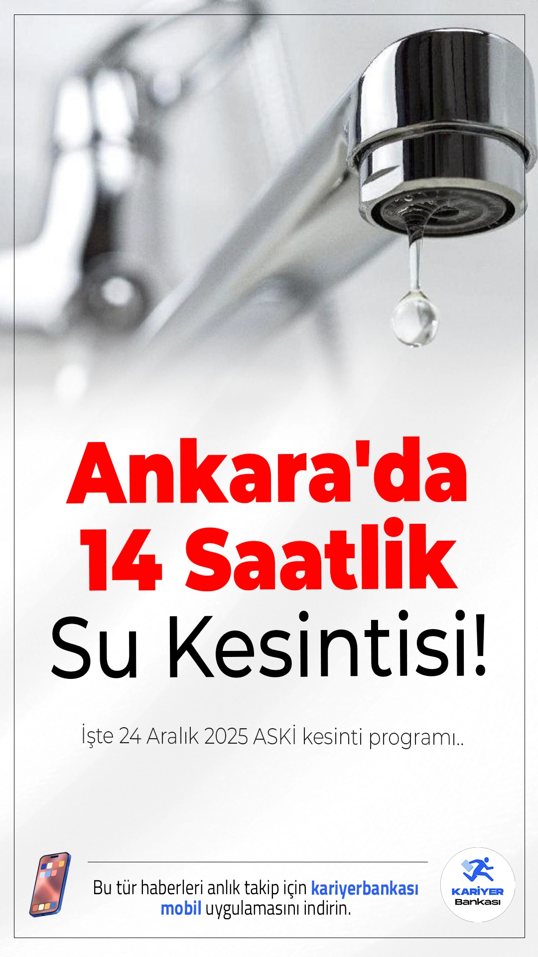 Ankara'da 14 Saatlik Su Kesintisi.Ankara'nın Kazan ilçesine bağlı Saray Mahallesi’nde bugün sabah başlayan su kesintisi akşam saatlerine kadar sürecek. ASKİ'nin yaptığı açıklamaya göre, kesinti 14 saat boyunca devam edecek.