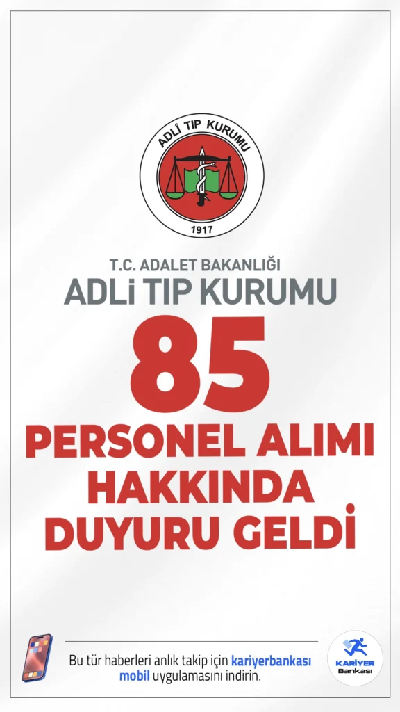 ATK 85 Personel Alımı Hakkında Duyuru Yayımlandı. Adli Tıp Kurumu Başkanlığı (ATK) sayfasından yayımlanan duyuruya göre, 85 sözleşmeli personel alımı kapsamında yapılan başvurular neticesinde oluşturulan puan sıralama listelerine göre sözlü sınava girmeye hak kazanan adaylar 28 Kasım 2025 – 02 Aralık 2025 tarihleri arasında sözlü sınava alınmışlardır.Sözlü sınav sonuçları Adli Tıp Kurumunun internet sitesinden adayların erişimine sunulmuştur.