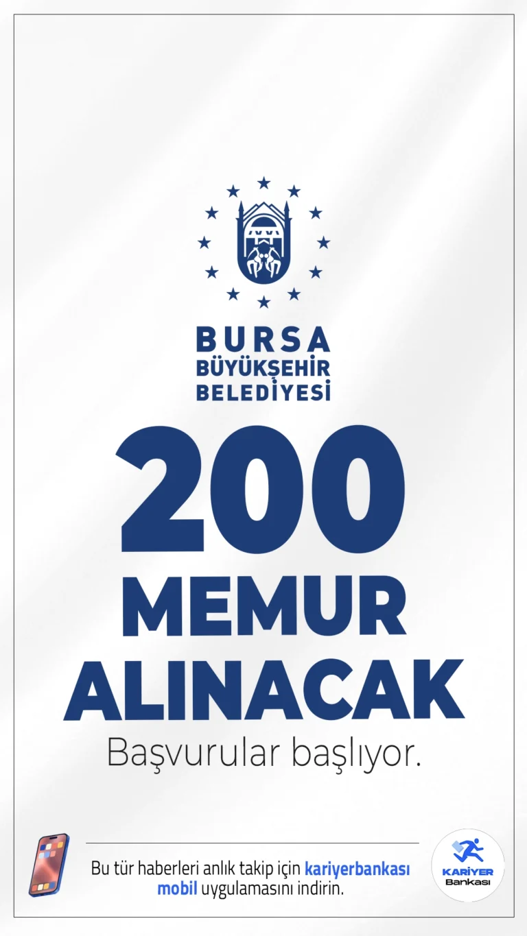Bursa Büyükşehir Belediyesi 200 Memur Alımı Başlıyor.Bursa Büyükşehir Belediye Başkanlığı memur alımı başvuruları başlıyor. Adaylar KPSS puan sıralamasına göre belirlenecek olup, yazılı ve uygulamalı sınava tabi tutulacak. Başvuru yapacak adayların genel ve özel şartları sağlaması gerekmektedir.