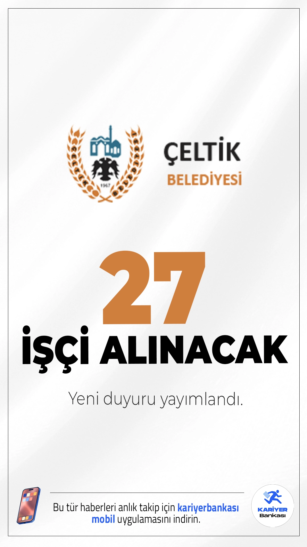 Çeltik Belediyesi 27 İşçi Alımı Yapacak.Çeltik Belediyesi, farklı kadrolarda KPSS şartsız işçi ve personel alımı gerçekleştireceğini duyurdu. Bu kapsamda yapılacak alımlarda adaylardan KPSS şartı aranmayacak olup, başvurular 15-19 Aralık 2025 tarihleri arasında alınacaktır. Başvuruların ardından kura çekimi 25 Aralık 2025’te yapılacaktır.İşte şartlar ve başvuru bilgileri..
