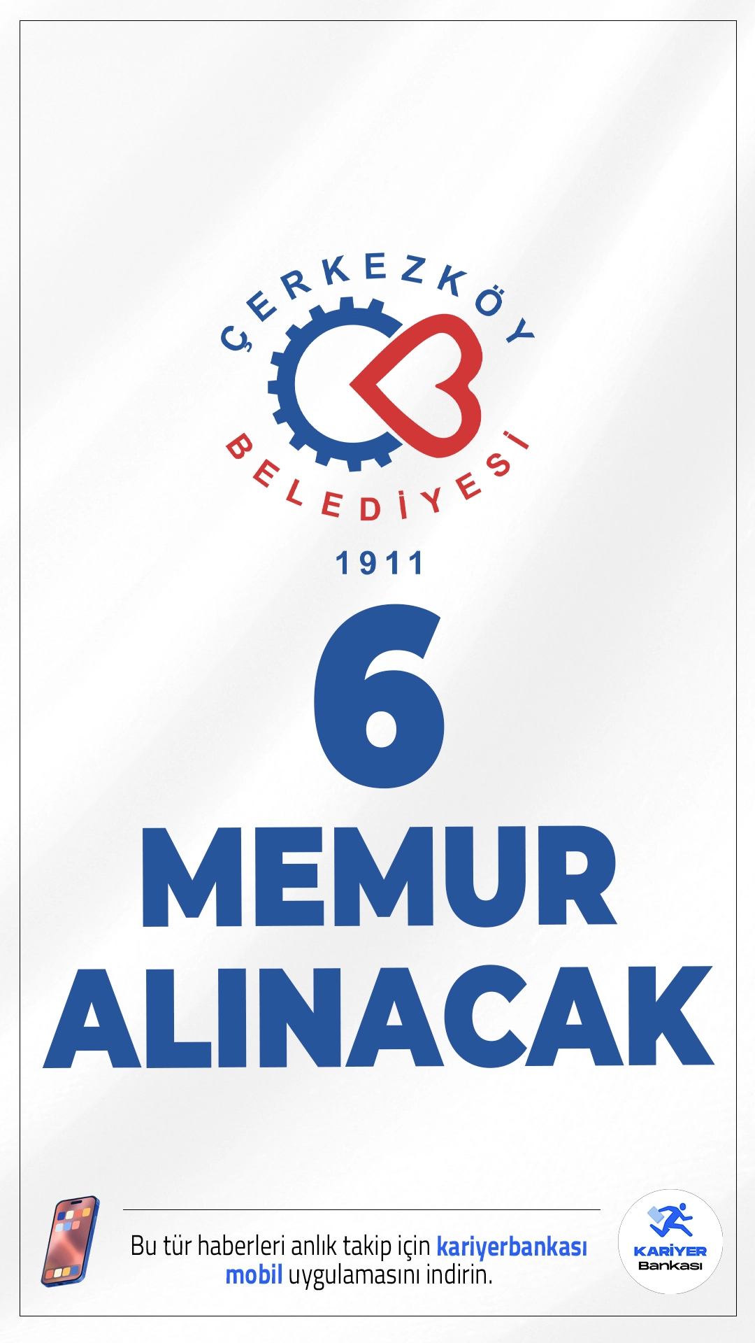 Çerkezköy Belediyesi 6 Memur Alımı Yapacak.Tekirdağ Çerkezköy Belediyesi 2026 yılı için memur alımı duyurusu yayımlandı. Belediye, 5393 sayılı Belediye Kanunu kapsamında, tam zamanlı sözleşmeli personel statüsünde istihdam edilmek üzere toplam 6 kişilik kadro için alım yapacak. Başvurular KPSS puanına göre değerlendirilecek ve adaylar sözlü sınava tabi tutulacak.İşte şartlar ve başvuru bilgileri..