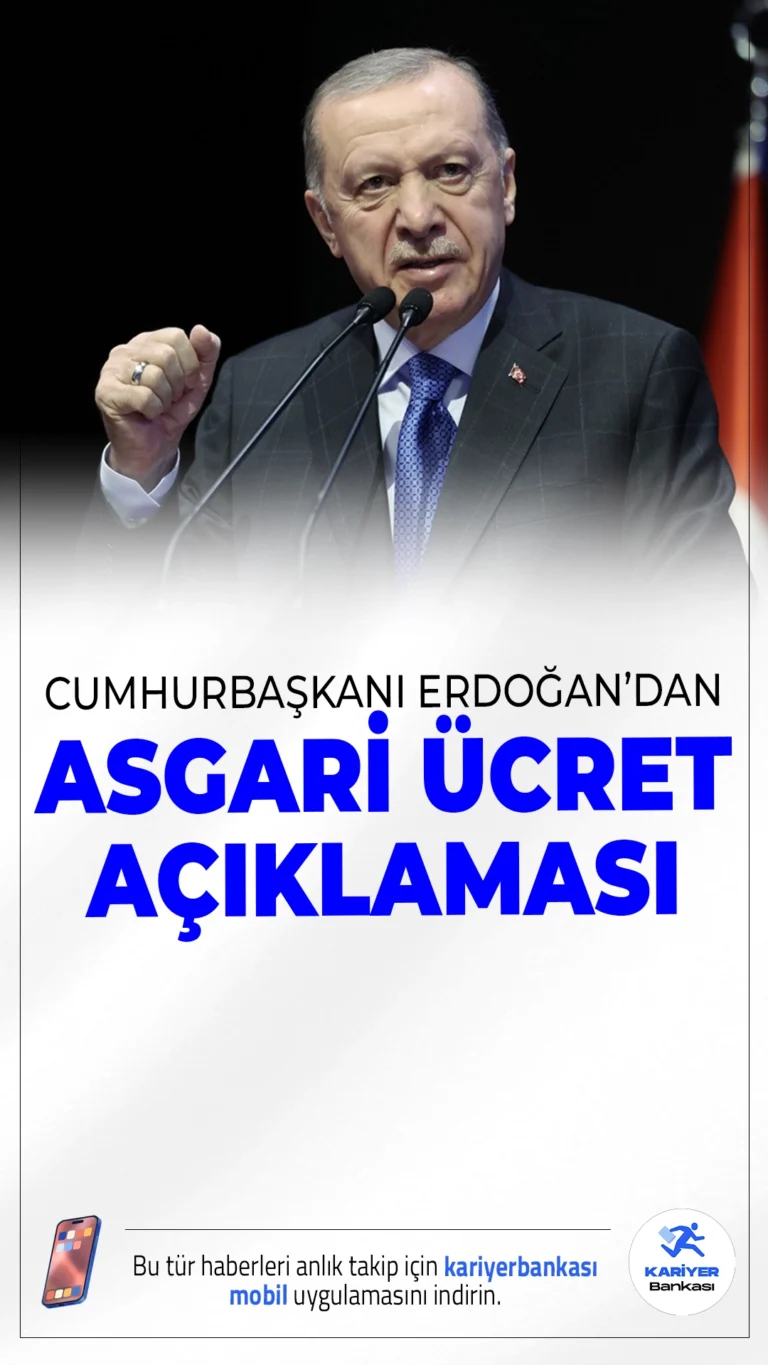 Cumhurbaşkanı Erdoğan’dan Asgari Ücret Açıklaması.Cumhurbaşkanı Recep Tayyip Erdoğan, Ankara'da ATO Congresium'da düzenlenen Türkiye İşveren Sendikaları Konfederasyonu’nun (TİSK) 29. Olağan Genel Kurulu’nda önemli açıklamalarda bulundu. Erdoğan, işveren-işçi ilişkilerinin adaletli ve sürdürülebilir olması gerektiğini vurgularken, iş kazalarına ve asgari ücret sürecine dair de net mesajlar verdi.