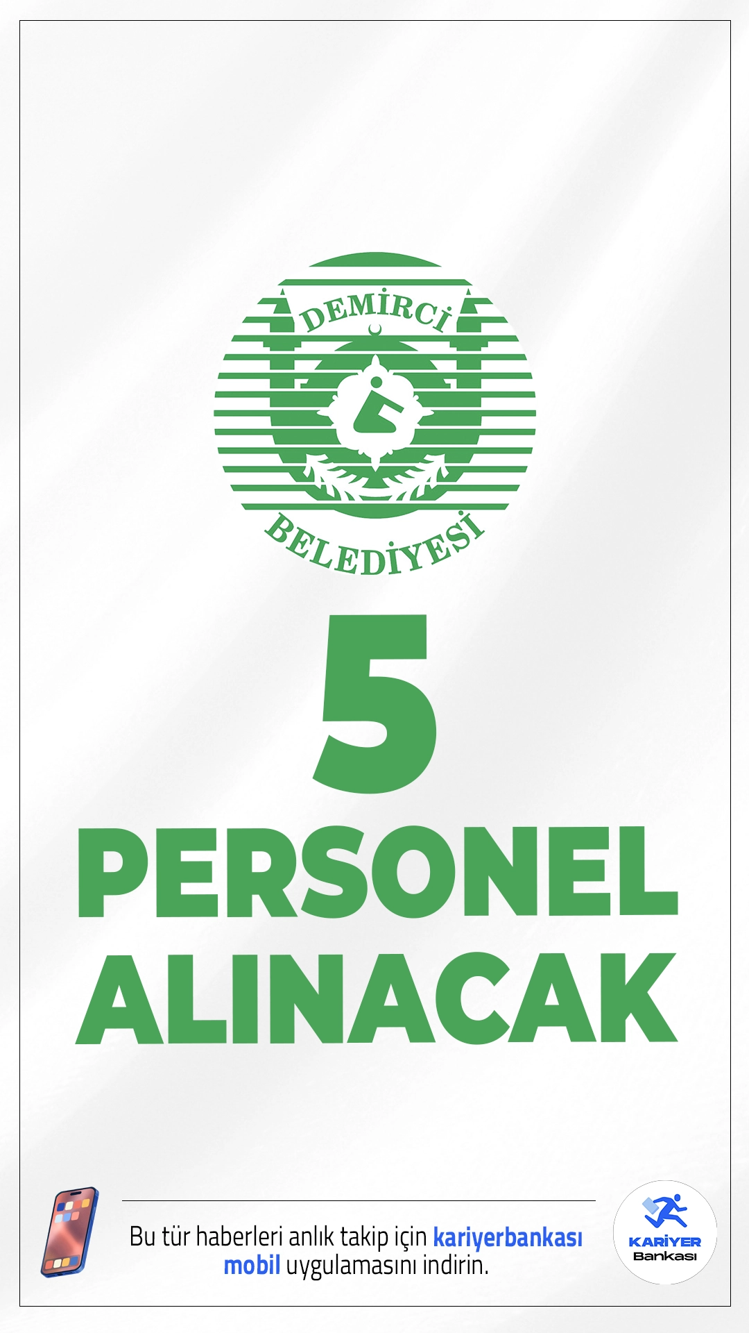 Demirci Belediyesi 5 Personel Alımı Yapacak.Demirci Belediyesi, çeşitli teknik ve sağlık alanlarında 5 sözleşmeli personel alımı yapacağını duyurdu. Manisa’nın Demirci ilçesinde görev yapacak personeller, 657 sayılı Devlet Memurları Kanunu’nun 4/B maddesi kapsamında istihdam edilecek. Alımlar için KPSS şartı aranıyor ve başvurular 26 Ocak 2026 – 29 Ocak 2026 tarihleri arasında kabul edilecek.