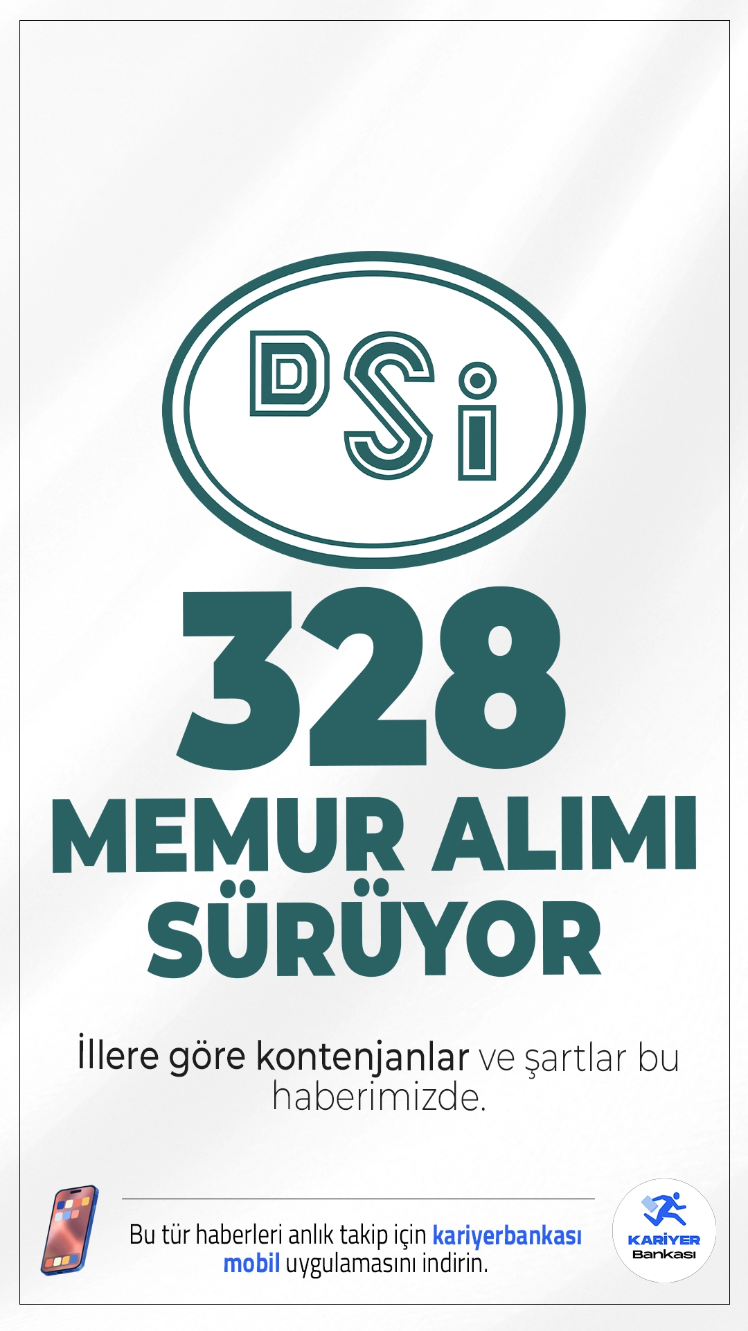 DSİ 328 Memur Alımı Başvurusu Sürüyor.Devlet Su İşleri Genel Müdürlüğü (DSİ), ÖSYM sayfasından yayımlanan KPSS 2025/2 tercih kılavuzuna göre lise, ön lisans ve lisans mezunlarından toplam 328 memur alımı başvuruları sürüyor. Başvurular işlemleri 25 Aralık 2025 tarihinde sona erecek. Başvuru yapacak adayların genel ve özel şartların yanı sıra, nitelik kodlarını da dikkatle incelemesi gerekmektedir.İşte illere göre kontenjanlar ve şartlar..