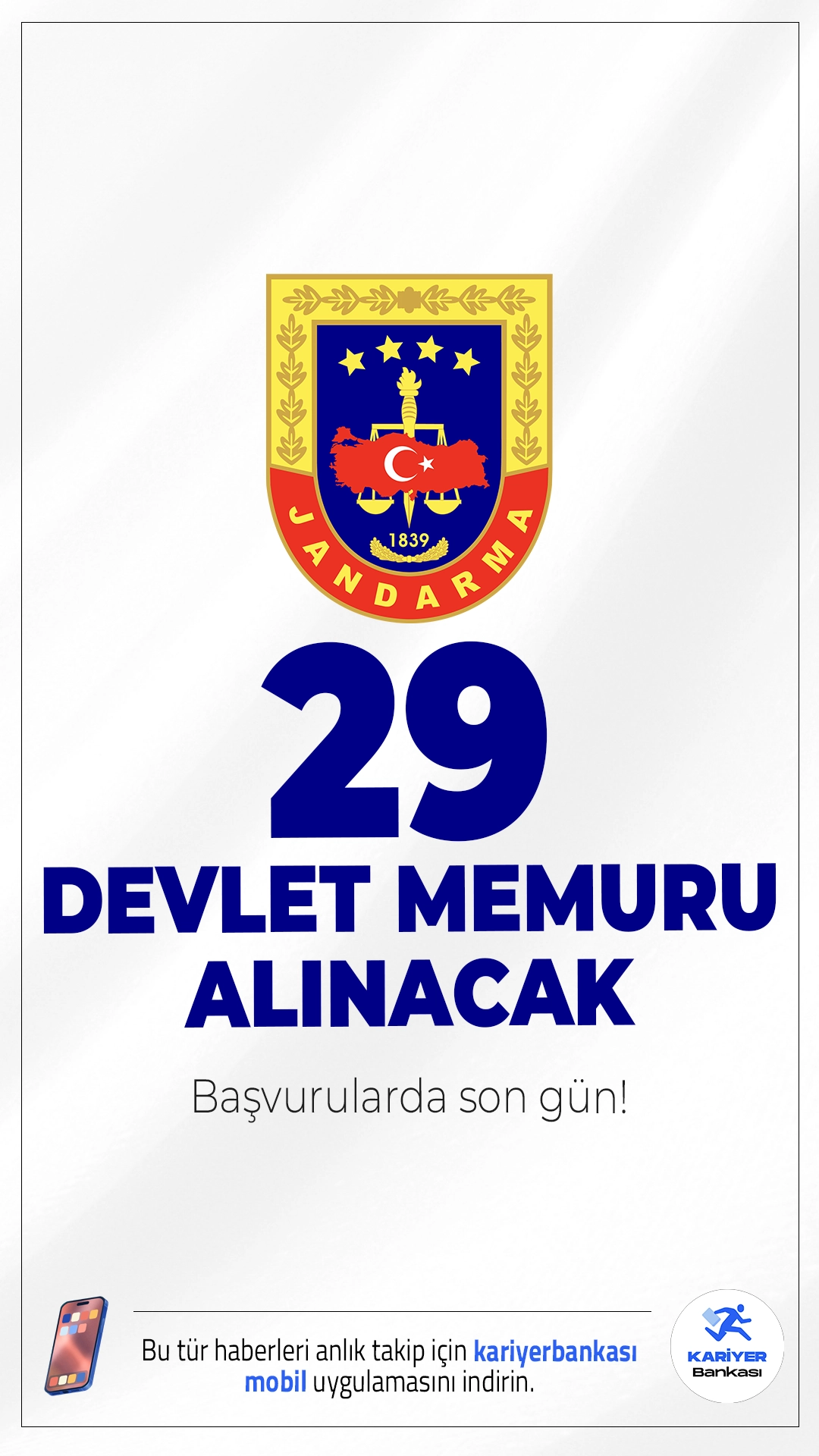 Jandarma 29 Devlet Memuru Alımı Sona Eriyor.Jandarma Genel Komutanlığı devlet memuru alımı başvurularında sona gelindi.İlgili alım duyurusuna göre, Jandarma'ya farklı ünvanlarda devler memuru alımı yapılacak. Başvurular bugün (8 Aralık 2025) 23.59'da sona erecek.Başvuru yapacak adayların genel ve özel şartları taşıması gerekmektedir.İşte başvuru şartları ve diğer detaylar.