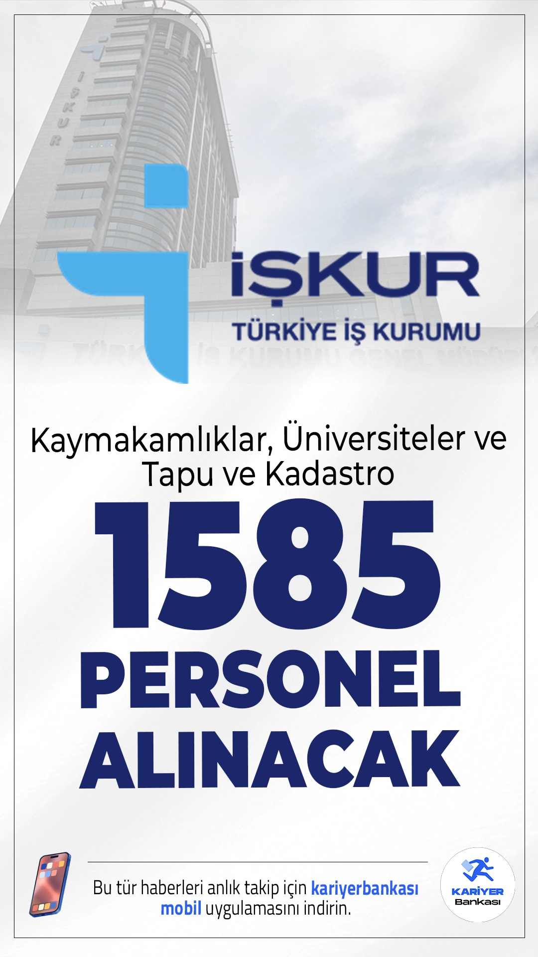 Kamuya İUP Kapsamında 1585 Personel Alımı Yapılacak.İŞKUR’un yeni İUP platformu üzerinden yayımlanan ilanlara göre, 2026 yılı başında başlayacak projelerde görev yapmak üzere toplam 1585 geçici personel alımı yapılacak. Alımlar, Kaymakamlıklar, Üniversiteler, Tapu ve Kadastro Genel Müdürlüğü (TKGM) ve Valilik gibi kamu kurumlarında istihdam edilmek üzere gerçekleştirilecek.