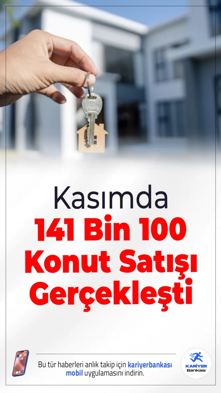Kasımda 141 Bin 100 Konut Satışı Gerçekleşti.TÜİK'in verilerine göre Türkiye genelinde konut satışları kasım ayında geçen yılın aynı dönemine göre %7,8 azalarak 141 bin 100 adet olarak gerçekleşti. Ocak-kasım döneminde ise toplam satışlar yıllık bazda %13,3 artış gösterdi.