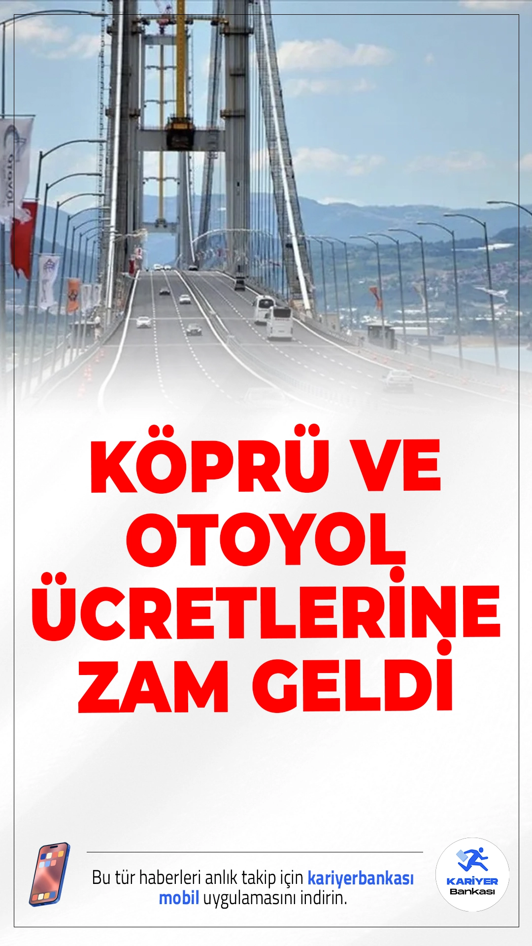Köprü ve Otoyol Ücretlerine Zam Geldi!Karayolları Genel Müdürlüğü ve Kamu Özel İşbirliği (KÖİ) kapsamında işletilen otoyollar ile köprülerin geçiş ücretlerine 1 Ocak 2026 Perşembe saat 00.00’dan itibaren geçerli olmak üzere zam yapıldı. Yeni tarifeler, araç tiplerine göre farklılık gösteriyor.