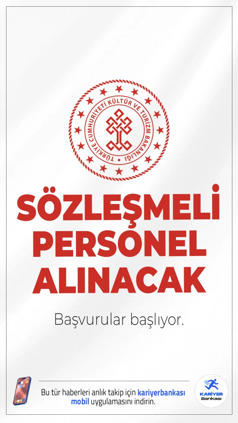 Kültür Bakanlığı 27 Personel Alımı Başvurusu Başlıyor.Kültür ve Turizm Bakanlığı personel alımı başvurusu yarın(8 Aralık 2025) başlıyor. Resmi Gazete'de yayımlanan duyuruda, Kültür Bakanlığına Büro Personeli, Koruma ve Güvenlik Görevlisi, Şoför ve Temizlik Personeli ünvanlarında sözleşmeli personel alımı yapılacağı aktarıldı. Başvuru şartları ve diğer detaylar bu haberimizde.