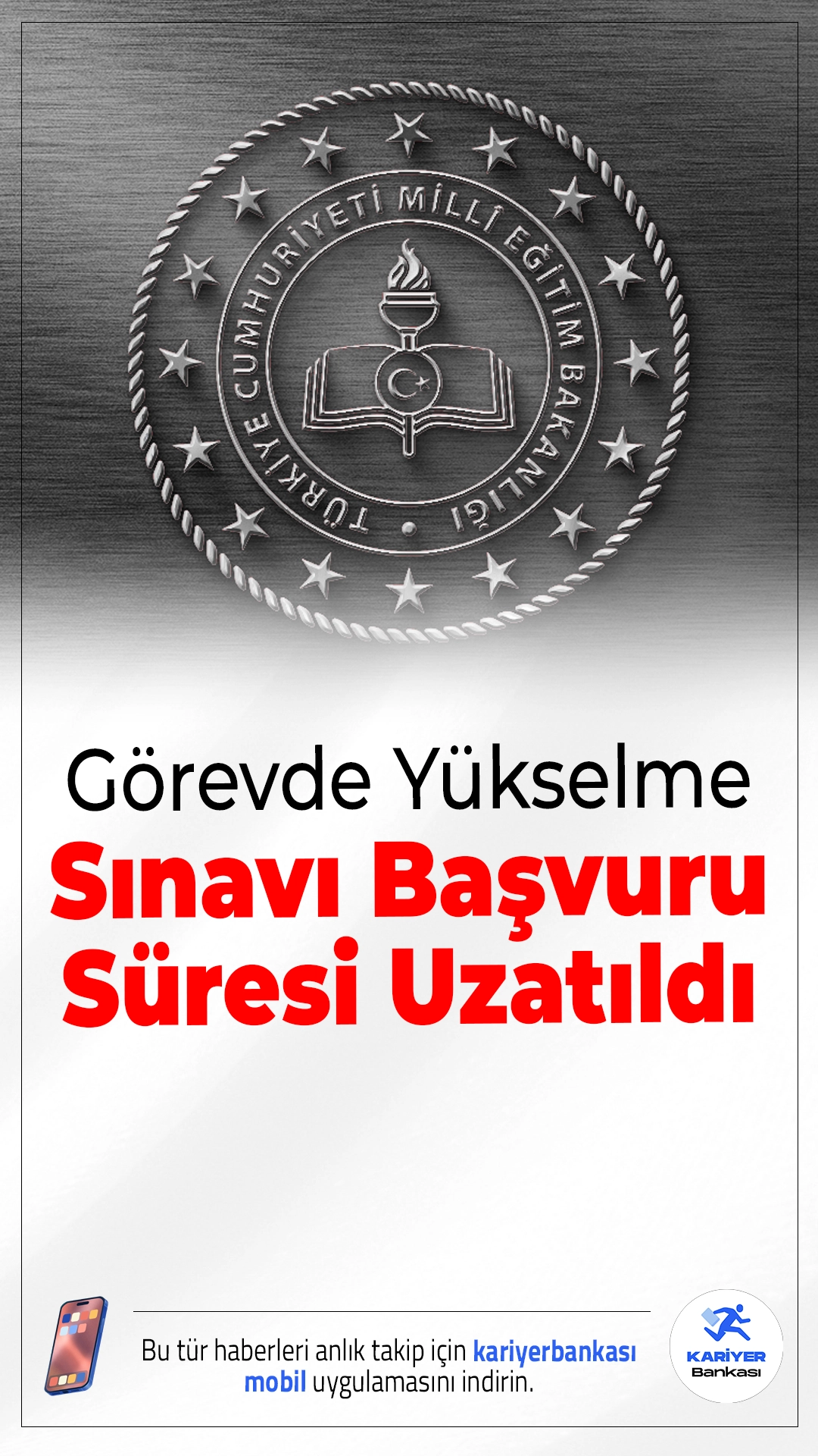 MEB Görevde Yükselme Sınavı Başvuru Süresi Uzatıldı.Milli Eğitim Bakanlığı, taşra teşkilatında görevli personel için açılan 450 şube müdürü kadrosuna ilişkin görevde yükselme sınavı başvuru süresini 15 Aralık saat 17.00’ye kadar uzattı.