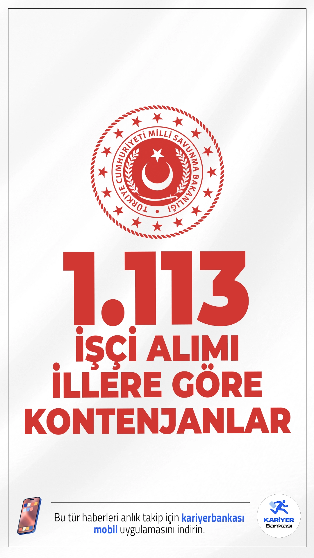 MSB 1.113 İşçi Alımı Kontenjanları.Milli Savunma Bakanlığı (MSB) 1113 işçi alımı duyurusu yayımlandı. MSB sayfasından yayımlanan duyuruda, MSB'ye farklı ünvanlarda en az ilkokul mezunu, lise, ön lisans ve lisans mezunlarından olmak üzere işçi alımı yapılacak.Başvurular 26 Aralık 2025 tarihine kadar sürecek. Başvuru yapacak adayların genel ve özel şartları sağlaması gerekmektedir. İllere göre kontenjanlar ve şartlar bu haberimizde.