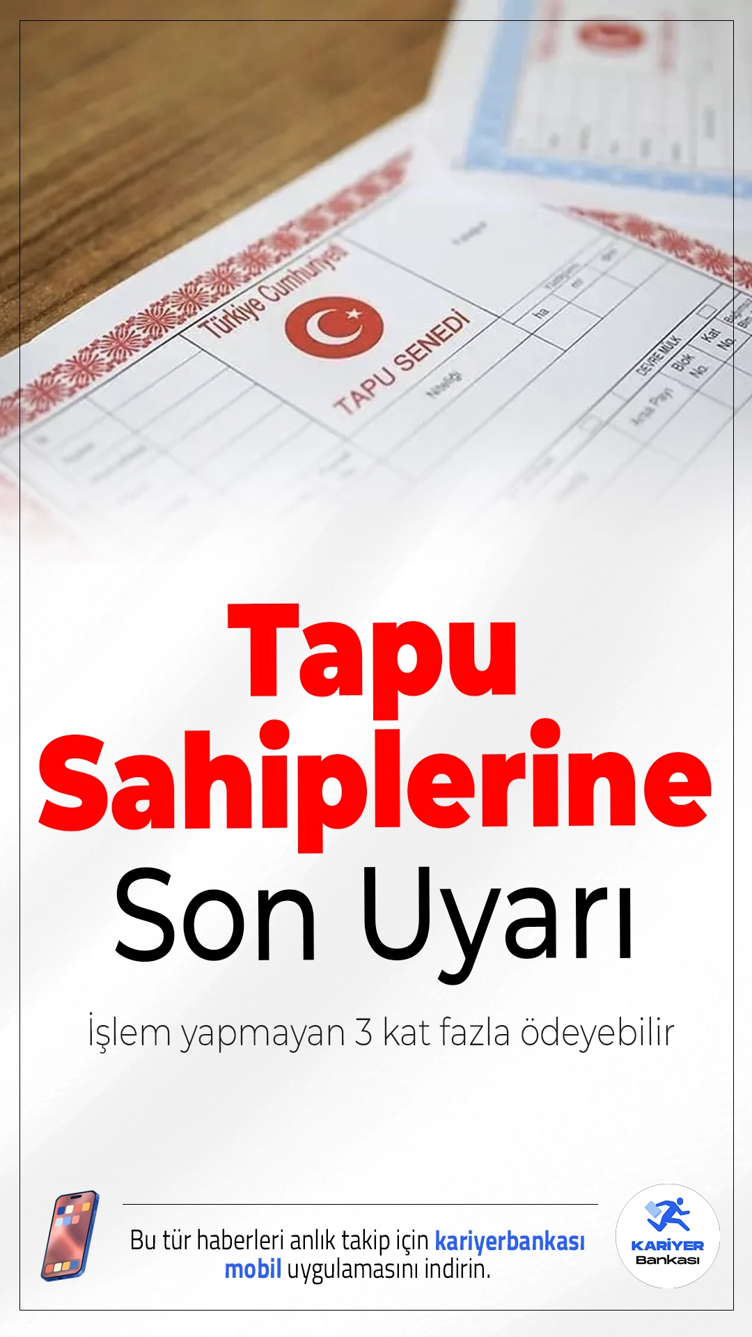 Tapu Sahiplerine Son Uyarı: İşlem Yapmayan 3 Kat Fazla Ödeyebilir.Tapu devrini 2025 sonuna kadar gerçekleştirmeyen mülk sahipleri, 2026’da yürürlüğe girecek düzenlemeyle birlikte yüksek tapu harcı ve emlak vergisi riskiyle karşı karşıya kalacak.