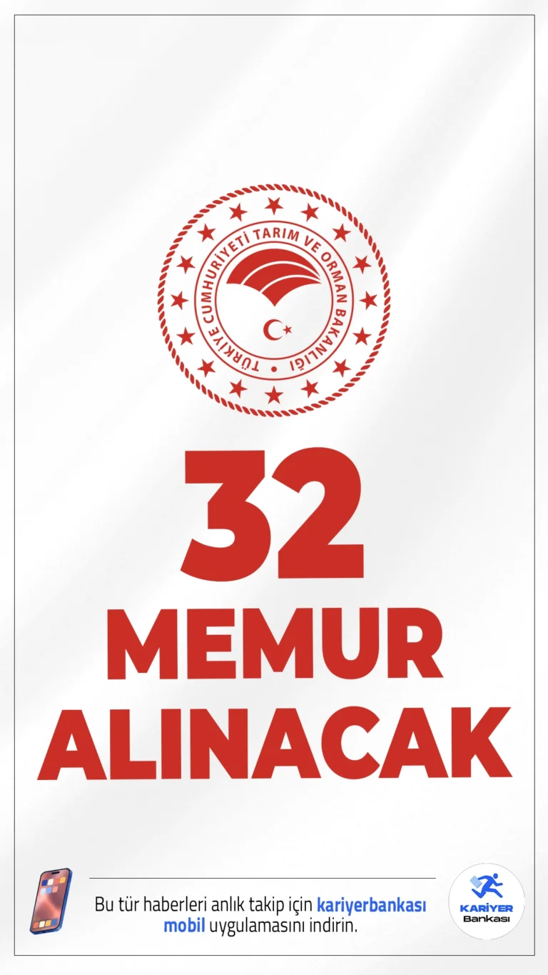 Tarım Bakanlığı 32 Memur Alımı Duyurusu Yayımlandı.Tarım ve Orman Bakanlığı Tarım Reformu Genel Müdürlüğü, 2025 yılı için 32 memur alımı gerçekleştireceğini duyurdu.Başvuru şartları, sınav bilgileri ve gerekli belgeler resmi gazete duyurusu ile açıklandı. Yazılı sınav 28 Mart 2026 tarihinde Ankara'da yapılacak.