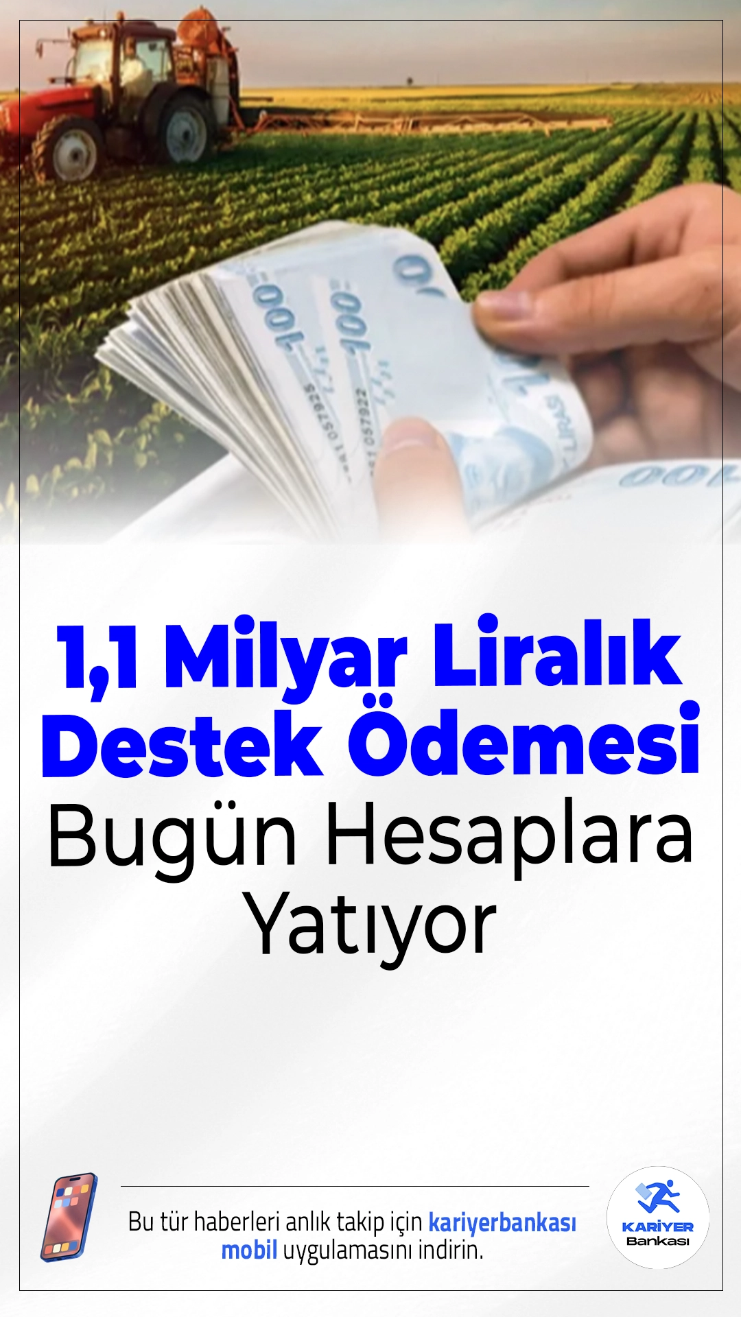 Çiftçilere 1,1 Milyar Liralık Destek Ödemesi Bugün Hesaplara Yatıyor.1 milyar 137 milyon liralık tarımsal destekleme ödemesi, 7 Aralık itibarıyla çiftçilerin hesaplarına aktarılmaya başlandı.