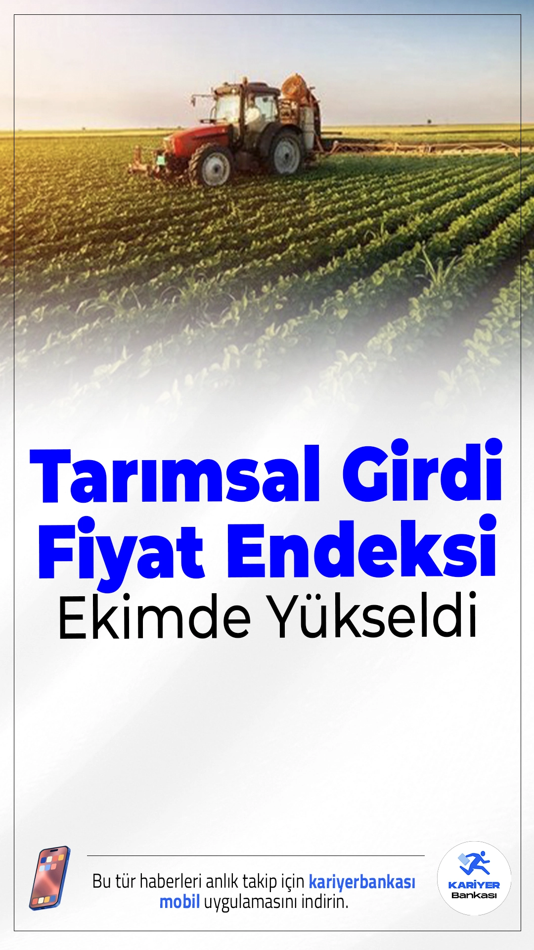 Tarımsal Girdi Fiyat Endeksi Ekimde Yükseldi.TÜİK verilerine göre, tarımsal girdi fiyat endeksi (Tarım-GFE) ekim ayında hem aylık hem yıllık bazda artış gösterdi. En yüksek artış ise veteriner harcamalarında görüldü.